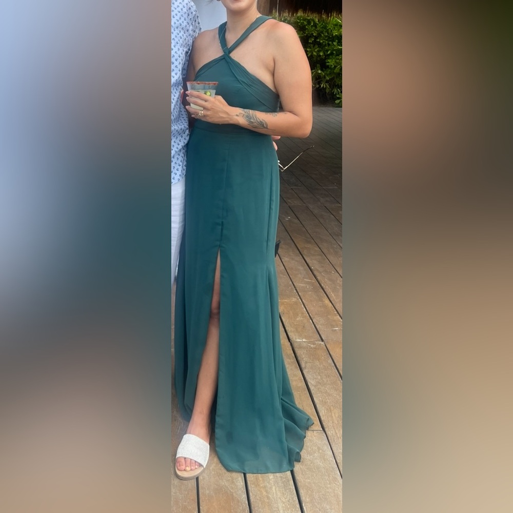 Azazie Emerald Green Cross-Strap Halter Bridesmaid Gown